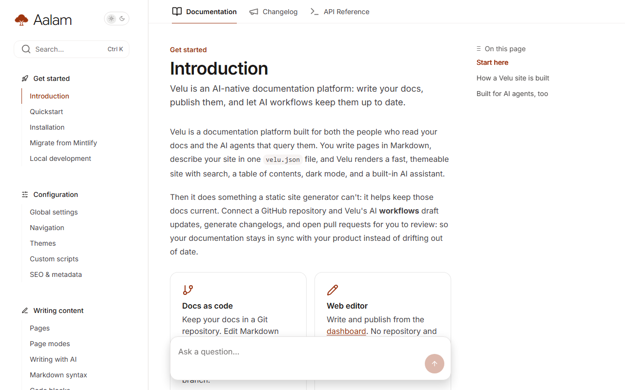 A Velu docs page using the Aalam theme, with branding, search, and navigation in the left sidebar and tabs above the article